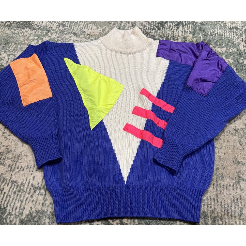 Vtg 80s White Stag Ski Sweater Womens M Neon Colorblock Geometric Avant Garde